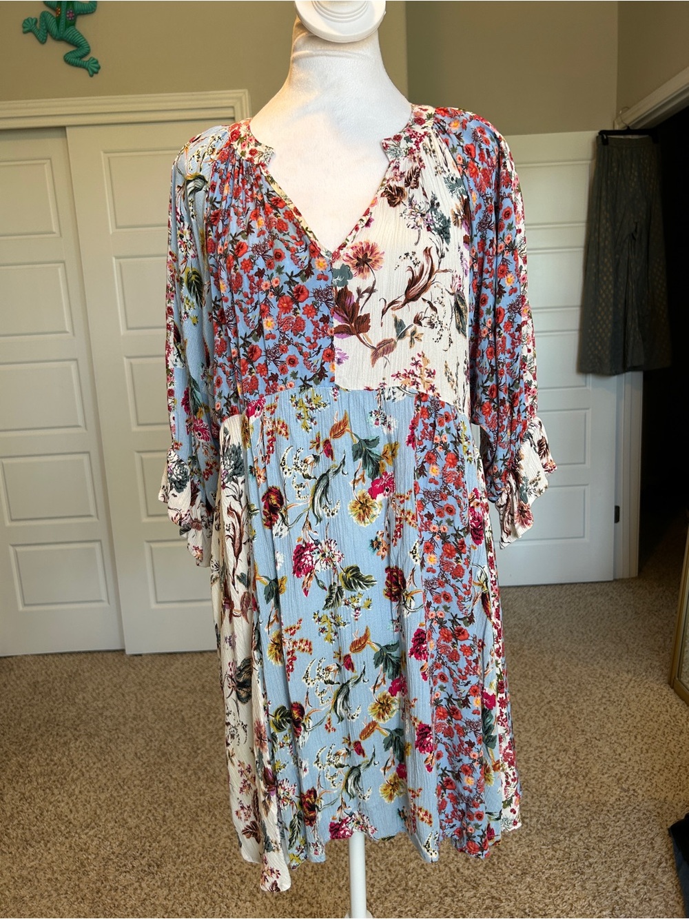Umgee Boho Floral Patchwork Coquette Mini Empire Waist Dress Size Large